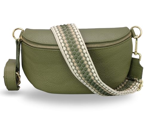 ADEL Bauchtasche Damen Echtleder Emma Gold Handgemachte Umhängetasche Crossbody Bag mit Optionalen Breiten Gemusterten Riemen Stylische Hüfttasche Made in Italy (Khaki-Gold 4, Large) von Adel Bags