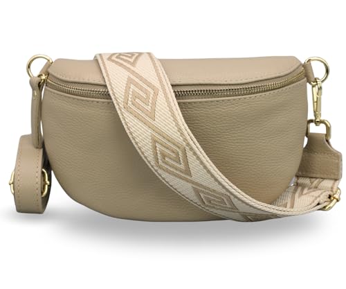 ADEL Bauchtasche Damen Echtleder Emma Gold Handgemachte Umhängetasche Crossbody Bag mit Optionalen Breiten Gemusterten Riemen Stylische Hüfttasche Made in Italy (Taupe-Gold 5, Large) von Adel Bags