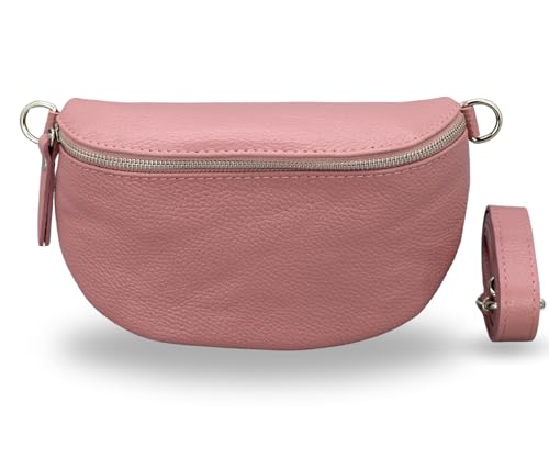 ADEL Bauchtasche Damen Echtleder Emma Silber Handgemachte Umhängetasche Crossbody Bag Schultertasche mit Ledergurt Stylische Hüfttasche Made in Italy (Altrosa-Silber 1, Medium) von Adel Bags