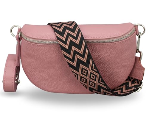 ADEL Bauchtasche Damen Echtleder Emma Silber Handgemachte Umhängetasche Crossbody Bag mit Optionalen Breiten Gemusterten Riemen Stylische Hüfttasche Made in Italy (Altrosa-Silber 5, Large) von Adel Bags