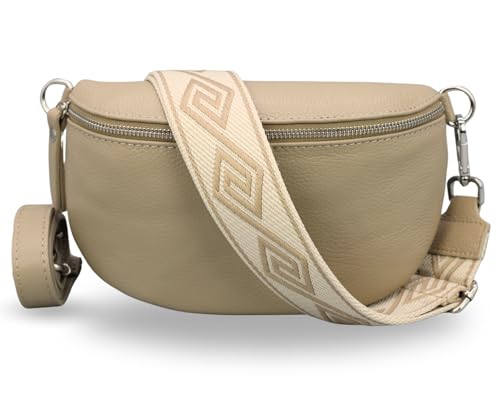 ADEL Bauchtasche Damen Echtleder Emma Silber Handgemachte Umhängetasche Crossbody Bag mit Optionalen Breiten Gemusterten Riemen Stylische Hüfttasche Made in Italy (Taupe-Silber 5, Large) von Adel Bags