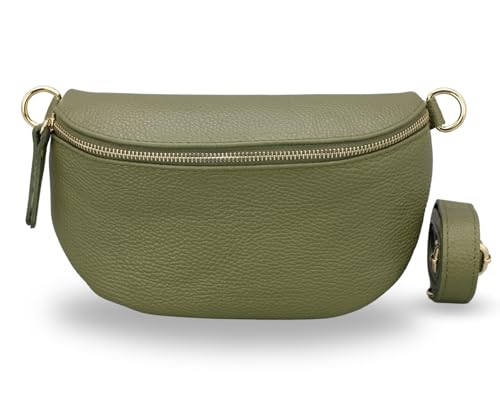 ADEL Bauchtasche für Damen Emma Handgemachte Umhängetasche Echtleder Crossbody Bag mit Optionalen Breiten Gemusterten Riemen Stylische Hüfttasche Made in Italy Tasche (Khaki-Gold 1, Small) von Adel Bags