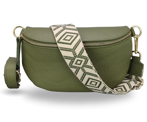 ADEL Bauchtasche für Damen Emma Handgemachte Umhängetasche Echtleder Crossbody Bag mit Optionalen Breiten Gemusterten Riemen Stylische Hüfttasche Made in Italy Tasche (Khaki-Gold 5, Small) von Adel Bags