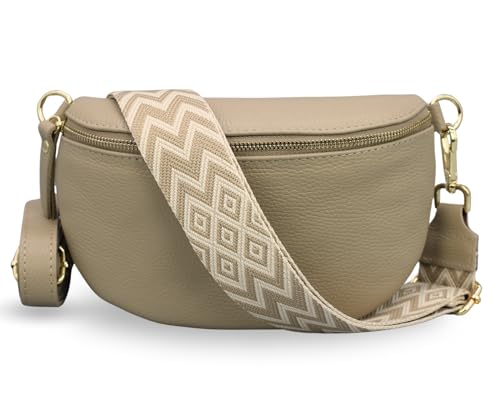 ADEL Bauchtasche für Damen Emma Handgemachte Umhängetasche Echtleder Crossbody Bag mit Optionalen Breiten Gemusterten Riemen Stylische Hüfttasche Made in Italy Tasche (Taupe-Gold 4, Small) von Adel Bags