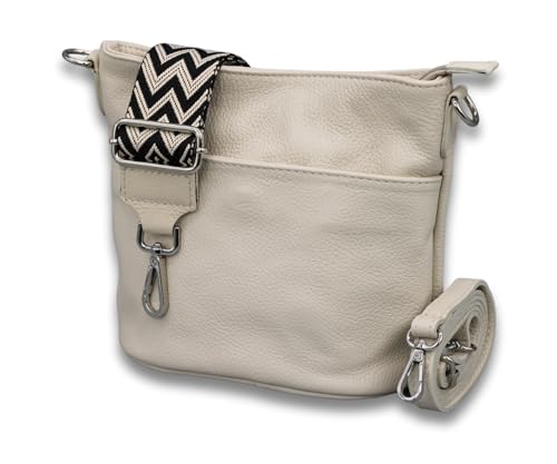 ADEL Damen Umhängetasche Echtes Leder LINA Handgemachte Crossbody Bag 4 Fächer Schultertasche mit Ledergurt + Breitem Gemustertem Riemen wasserdichte Stylische Made in Italy (Beige) von Adel Bags