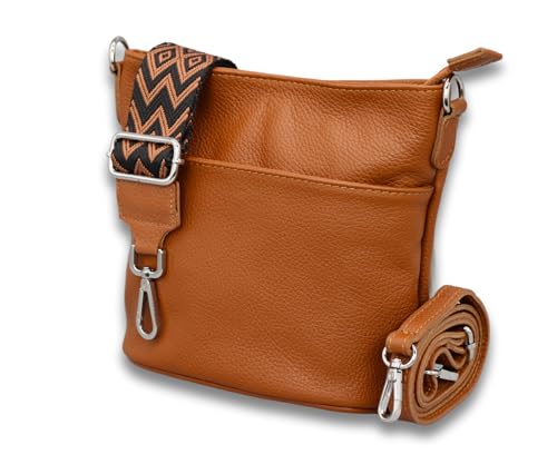 ADEL Damen Umhängetasche Echtes Leder LINA Handgemachte Crossbody Bag 4 Fächer Schultertasche mit Ledergurt + Breitem Gemustertem Riemen wasserdichte Stylische Made in Italy (Cognac Braun) von Adel Bags