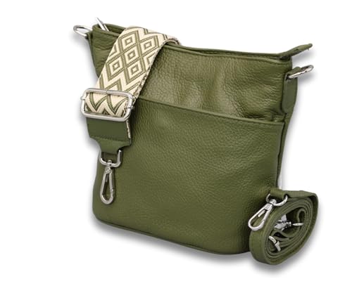 ADEL Damen Umhängetasche Echtes Leder LINA Handgemachte Crossbody Bag 4 Fächer Schultertasche mit Ledergurt + Breitem Gemustertem Riemen wasserdichte Stylische Made in Italy (Khaki) von Adel Bags