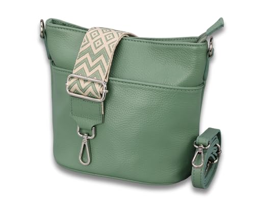 ADEL Damen Umhängetasche Echtes Leder LINA Handgemachte Crossbody Bag 4 Fächer Schultertasche mit Ledergurt + Breitem Gemustertem Riemen wasserdichte Stylische Made in Italy (Mintgrün) von Adel Bags
