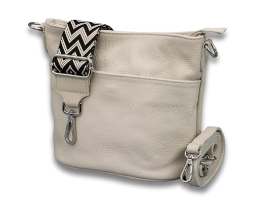 ADEL Damen Umhängetasche LINA Handgemachte Crossbody Bag Echtes Leder mit Ledergurt + Breiten Gemusterter Riemen 4 Fächer Wasserdichte Stylische Made in Italy Schultertasche (Beige) von Adel Bags