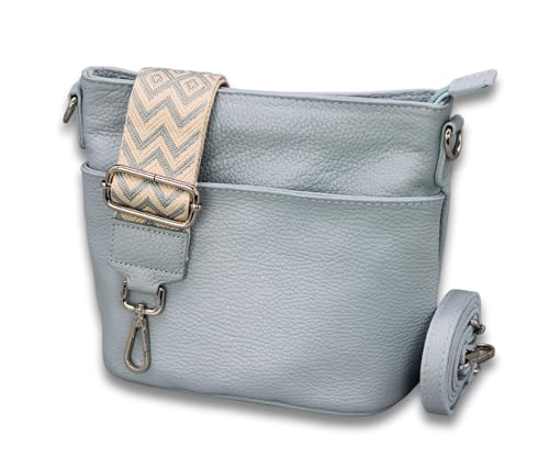 ADEL Damen Umhängetasche LINA Handgemachte Crossbody Bag Echtes Leder mit Ledergurt + Breiten Gemusterter Riemen 4 Fächer Wasserdichte Stylische Made in Italy Schultertasche (Hellblau) von Adel Bags