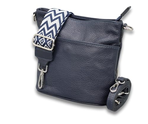 ADEL Damen Umhängetasche LINA Handgemachte Crossbody Bag Echtes Leder mit Ledergurt + Breiten Gemusterter Riemen 4 Fächer Wasserdichte Stylische Made in Italy Schultertasche (Navyblau) von Adel Bags