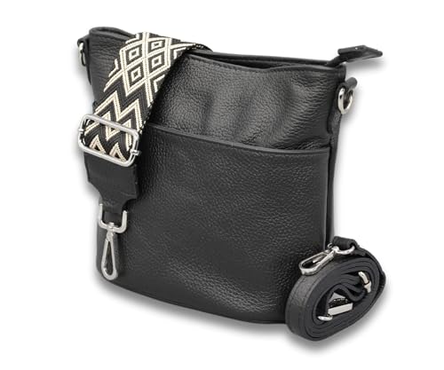 ADEL Damen Umhängetasche LINA Handgemachte Crossbody Bag Echtes Leder mit Ledergurt + Breiten Gemusterter Riemen 4 Fächer Wasserdichte Stylische Made in Italy Schultertasche (Schwarz) von Adel Bags