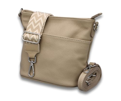 ADEL Damen Umhängetasche LINA Handgemachte Crossbody Bag Echtes Leder mit Ledergurt + Breiten Gemusterter Riemen 4 Fächer Wasserdichte Stylische Made in Italy Schultertasche (Taupe) von Adel Bags