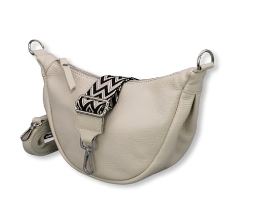 ADEL Halbmond Tasche Damen Echtleder Banana Bag DIANA Handgemachte Umhängetasche Crossbody Bag mit Ledergurt + Breitem Gemustertem Riemen 4 Fächer Schultertasche Made in Italy (Beige) von Adel Bags