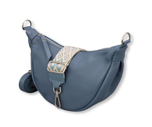 ADEL Halbmond Tasche Damen Echtleder Banana Bag DIANA Handgemachte Umhängetasche Crossbody Bag mit Ledergurt + Breitem Gemustertem Riemen 4 Fächer Schultertasche Made in Italy (Jeansblau) von Adel Bags