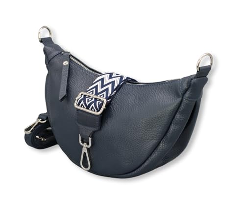 ADEL Halbmond Tasche Damen Echtleder Banana Bag DIANA Handgemachte Umhängetasche Crossbody Bag mit Ledergurt + Breitem Gemustertem Riemen 4 Fächer Schultertasche Made in Italy (Navyblau) von Adel Bags