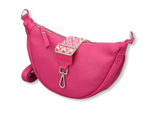 ADEL Halbmond Tasche Damen Echtleder Banana Bag DIANA Handgemachte Umhängetasche Crossbody Bag mit Ledergurt + Breitem Gemustertem Riemen 4 Fächer Schultertasche Made in Italy (Pink) von Adel Bags