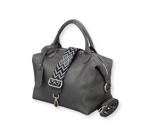 ADEL Handtasche Damen Echtleder BIANCA Handgemachte Umhängetasche Crossbody Bag mit Ledergurt + Breitem Gemustertem Riemen 3 Fächer Stylische Schultertasche Made in Italy (Dunkelgrau) von Adel Bags