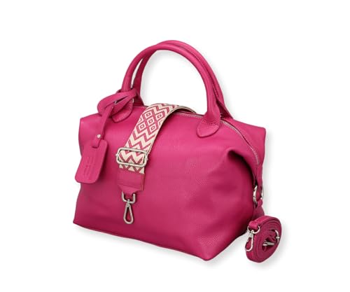ADEL Handtasche Damen Echtleder BIANCA Handgemachte Umhängetasche Crossbody Bag mit Ledergurt + Breitem Gemustertem Riemen 3 Fächer Stylische Schultertasche Made in Italy (Pink) von Adel Bags