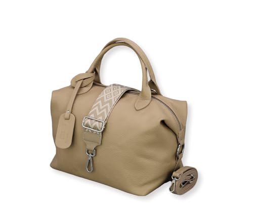 ADEL Handtasche Damen Echtleder BIANCA Handgemachte Umhängetasche Crossbody Bag mit Ledergurt + Breitem Gemustertem Riemen 3 Fächer Stylische Schultertasche Made in Italy (Taupe) von Adel Bags