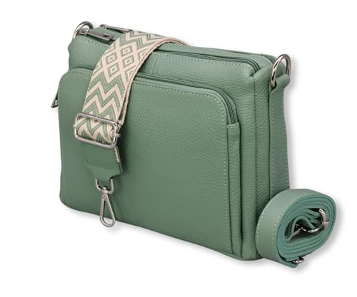 ADEL Umhängetasche Damen Echtes Leder Becky Handgemachte Crossbody Bag 5 Fächer Schultertasche mit Ledergurt + Breitem Gemustertem Riemen Verstellbarer Gurt Made in Italy (Mintgrün) von Adel Bags