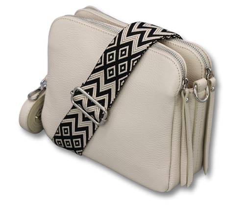 ADEL Umhängetasche Damen Echtes Leder MARA Handgemachte Crossbody Bag 5 Fächer Schultertasche mit Ledergurt + Breitem Gemustertem Riemen Verstellbarer Gurt Made in Italy (Beige) von Adel Bags
