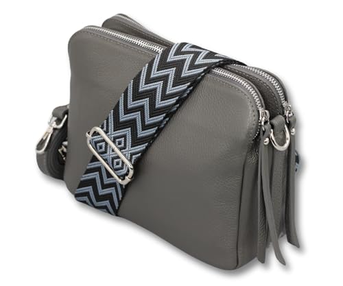 ADEL Umhängetasche Damen Echtes Leder MARA Handgemachte Crossbody Bag 5 Fächer Schultertasche mit Ledergurt + Breitem Gemustertem Riemen Verstellbarer Gurt Made in Italy (Dunkelgrau) von Adel Bags