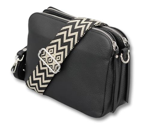 ADEL Umhängetasche Damen Echtes Leder MARA Handgemachte Crossbody Bag 5 Fächer Schultertasche mit Ledergurt + Breitem Gemustertem Riemen Verstellbarer Gurt Made in Italy (Schwarz) von Adel Bags