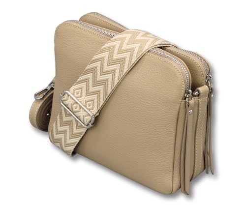 ADEL Umhängetasche Damen Echtes Leder MARA Handgemachte Crossbody Bag 5 Fächer Schultertasche mit Ledergurt + Breitem Gemustertem Riemen Verstellbarer Gurt Made in Italy (Taupe) von Adel Bags