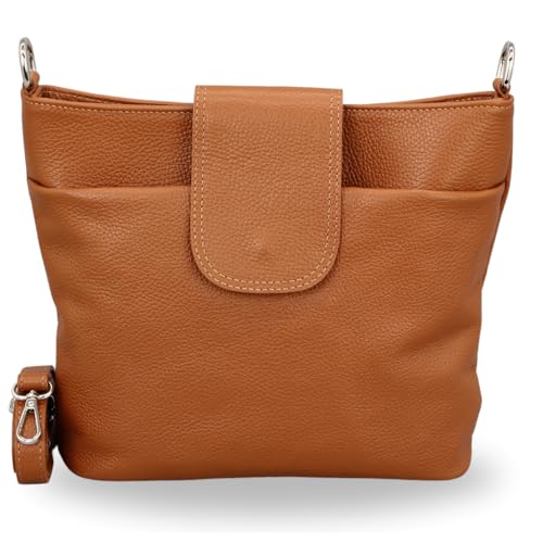 ADEL Umhängetasche Damen Echtes Leder SARA Handgemachte Crossbody Bag 6 Fächer Wasserdichte Schultertasche mit Verstellbarem Ledergurt Made in Italy (Cognacbraun) von Adel Bags
