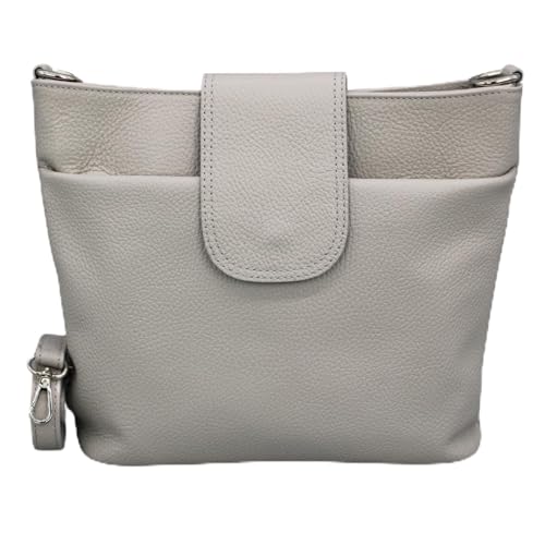 ADEL Umhängetasche Damen Echtes Leder SARA Handgemachte Crossbody Bag 6 Fächer Wasserdichte Schultertasche mit Verstellbarem Ledergurt Made in Italy (Hellgrau) von Adel Bags