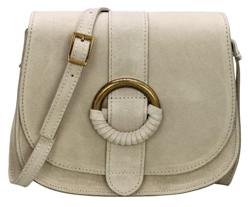 ADEL Umhängetasche Damen Echtes Wildleder ELLEN Handgemachte Crossbody Bag 2 Fächer Schultertasche mit Verstellbarer Ledergurt Made in Italy (Hellgrau) von Adel Bags