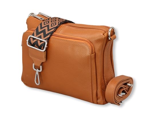 ADEL Umhängetasche für Damen BECKY Handgemachte Crossbody Bag Schultertasche aus 100% Echtleder mit Ledergurt + Breiten Gemusterten Riemen Verstellbarer Gurt Made in Italy (Cognac Braun) von Adel Bags