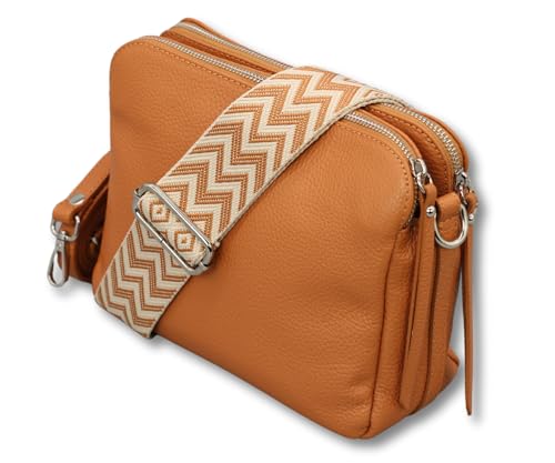 ADEL Umhängetasche für Damen MARA Handgemachte Crossbody Bag Schultertasche aus 100% Echtleder mit Ledergurt + Breiten Gemusterten Riemen Verstellbarer Gurt Made in Italy (Camelbraun) von Adel Bags