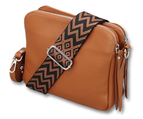 ADEL Umhängetasche für Damen MARA Handgemachte Crossbody Bag Schultertasche aus 100% Echtleder mit Ledergurt + Breiten Gemusterten Riemen Verstellbarer Gurt Made in Italy (Cognac Braun) von Adel Bags