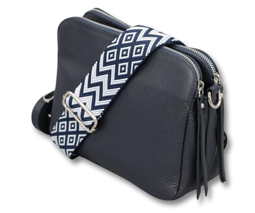 ADEL Umhängetasche für Damen MARA Handgemachte Crossbody Bag Schultertasche aus 100% Echtleder mit Ledergurt + Breiten Gemusterten Riemen Verstellbarer Gurt Made in Italy (Dunkelblau) von Adel Bags