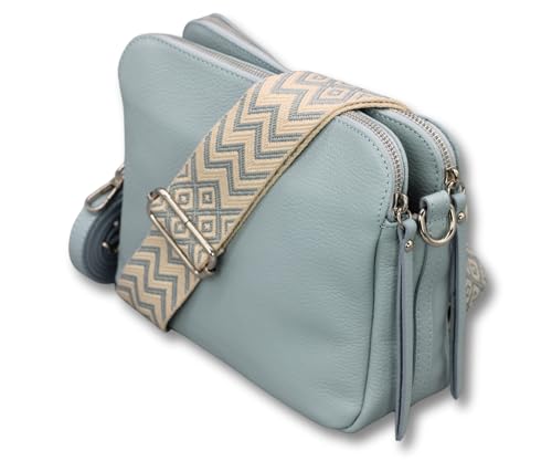 ADEL Umhängetasche für Damen MARA Handgemachte Crossbody Bag Schultertasche aus 100% Echtleder mit Ledergurt + Breiten Gemusterten Riemen Verstellbarer Gurt Made in Italy (Hellblau) von Adel Bags