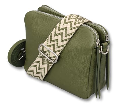 ADEL Umhängetasche für Damen MARA Handgemachte Crossbody Bag Schultertasche aus 100% Echtleder mit Ledergurt + Breiten Gemusterten Riemen Verstellbarer Gurt Made in Italy (Khaki) von Adel Bags