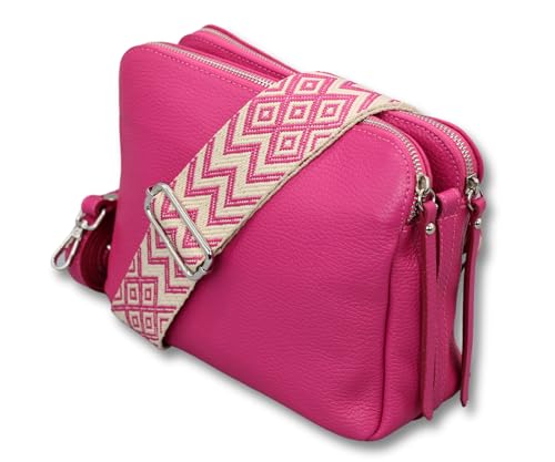 ADEL Umhängetasche für Damen MARA Handgemachte Crossbody Bag Schultertasche aus 100% Echtleder mit Ledergurt + Breiten Gemusterten Riemen Verstellbarer Gurt Made in Italy (Pink) von Adel Bags