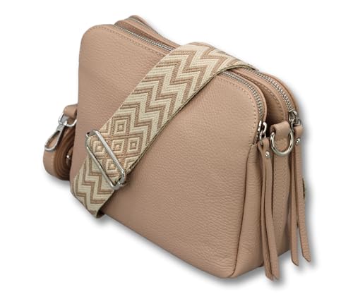 ADEL Umhängetasche für Damen MARA Handgemachte Crossbody Bag Schultertasche aus 100% Echtleder mit Ledergurt + Breiten Gemusterten Riemen Verstellbarer Gurt Made in Italy (Rose) von Adel Bags