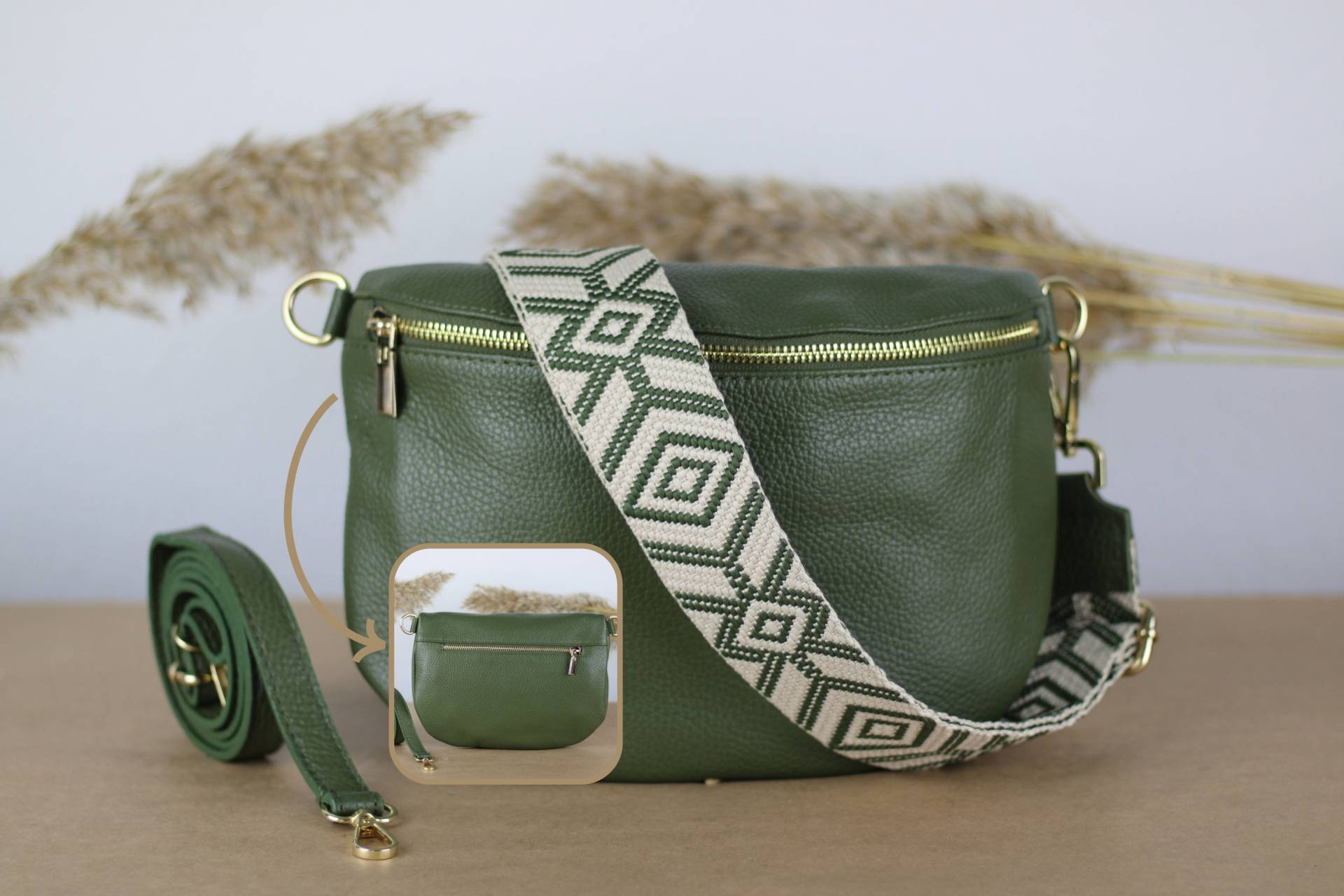 Mittelgroße Khaki Gold Leder Bauchtasche Mit Reißverschlusstaschen, Extra Gemusterte Träger, Schultertasche, Crossbody Tasche Verschiedenen Größen Mittelgroße Khaki Gold Leder Bauchtasche Mit Reißverschlusstaschen, Extra Gemusterte Träger, Schultertasche, Crossbody Tasche Verschiedenen Größen von AdelLeather