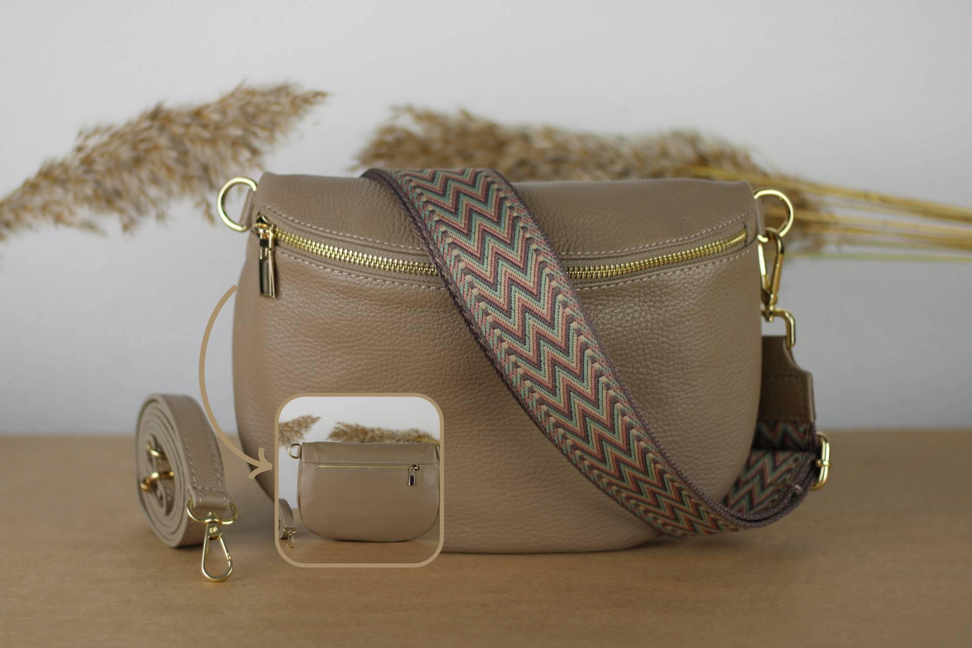 Mittelgroße Taupe Gold Leder Bauchtasche Mit Reißverschlusstaschen, Extra Gemusterte Träger, Schultertasche, Crossbody Tasche Verschiedenen Größen von AdelLeather