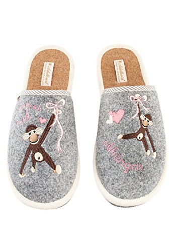 Adelheid Einfach mal abhängen Damen Filzpantoffel - Affenstickerei - Made in Portugal - im Geschenkkarton geliefert, Farbe:mausgrau, Größe:42/43 von Adelheid