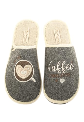 Adelheid Erst mal Kaffee Filzpantoffel - für Genießer - Made in Portugal - im Geschenkkarton geliefert, Farbe:mausgrau, Größe:36/37 von Adelheid