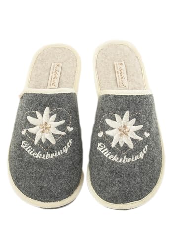 Adelheid Glücksbringer Filzpantoffel für Damen - Edelweiss Stickerei - mit Geschenkkarton - Made in Portugal - Doppelgrößen, Farbe:mausgrau, Größe:42/43 von Adelheid