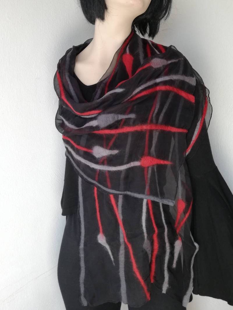 Damen Chiffon Seidenschal Filzschal Rot Grau Nunofilzschal Merinowolle Strickjacken Tuch Schal Geschenkideen Für Frauen von AdelineSchoden