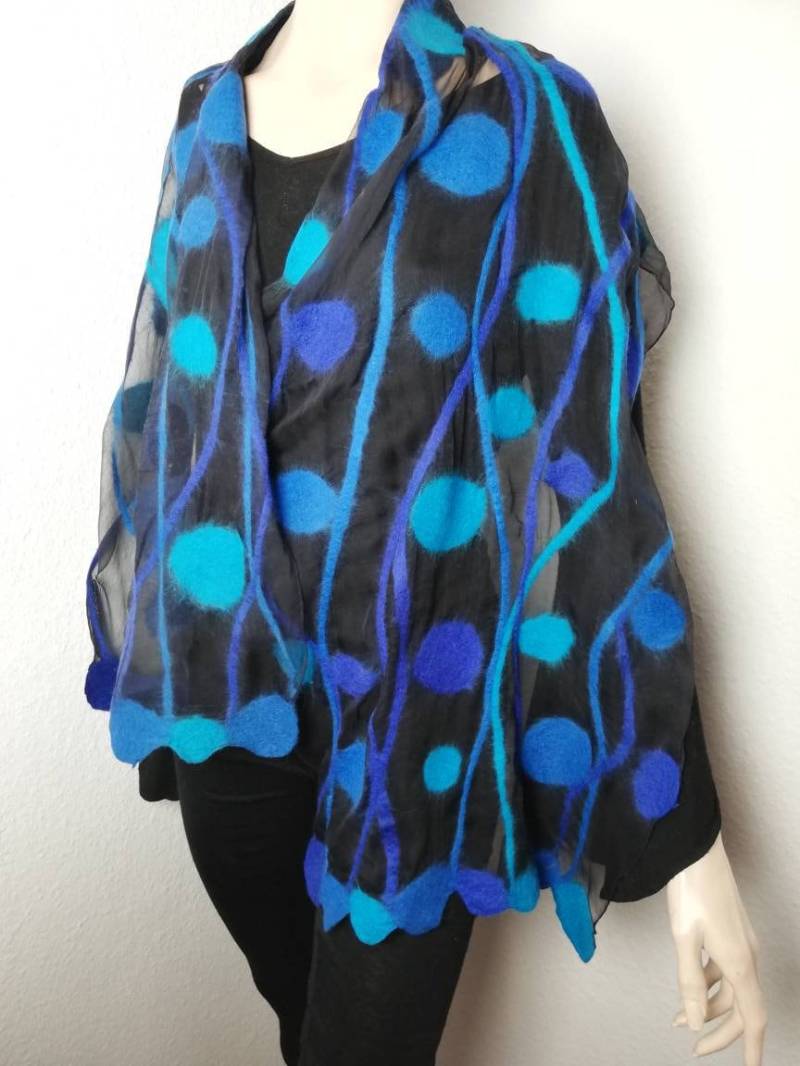Seidenschal Damen Handarbeit Filzschal Nunofilz Blau Türkis Schwarz Geschenkideen Für Frauen Merinowolle von AdelineSchoden
