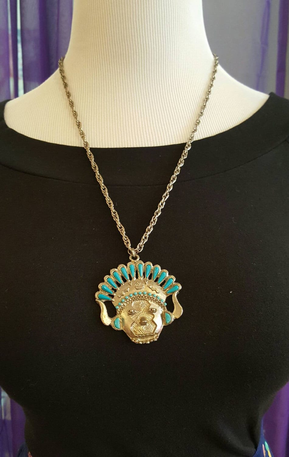 Vintage Silber Ton Kopf Halskette Mit Imitation Türkis Inlay, Lange Kette Enthalten von AdelleRose