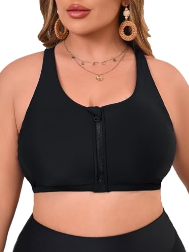 Aderea Damen Sport-BH, Bikini-Oberteil für große Brust, Racerback, Schwimm-BHs, Reißverschluss vorne, Badeanzug, Oberteil, Badeanzug, nur Oberteil, Schwarz, 3X-Large von Aderea