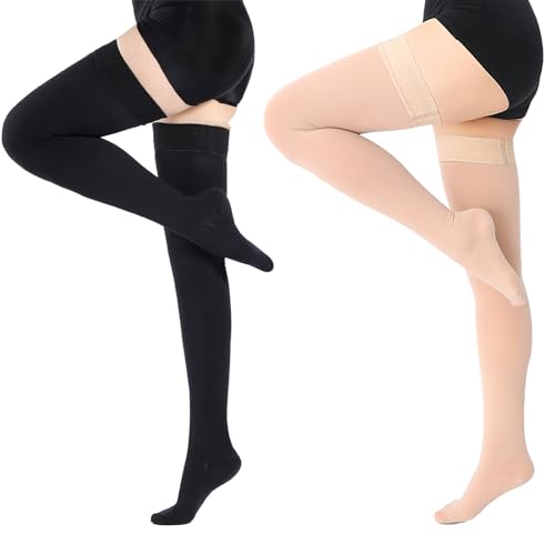 2 Paar 20-30 mmHg Medizinische Kompressionsstrümpfe Damen Herren Klasse 2,Geschlossene Lang Thrombosestrümpfe Stützstrümpfe Oberschenkel mit Silikonband für Krampfadern Ödeme Flug.Schwarz und Beige von Adfuenom